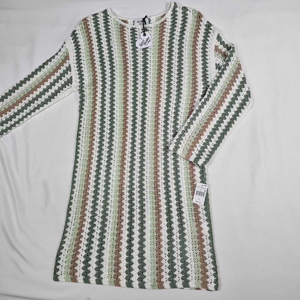 Crochet Knit Mini Sweater Dress Long Sleeve Sage Green Tan‎  White Size S